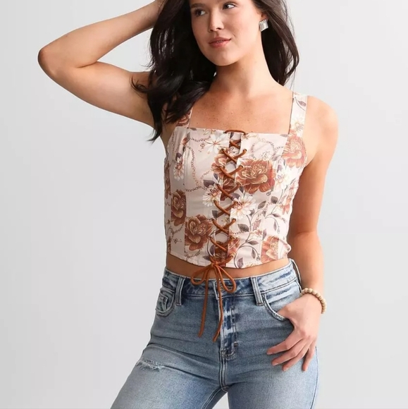 Floral Lace-Up Crop Top - Brown and Cream - Picture 2 of 6